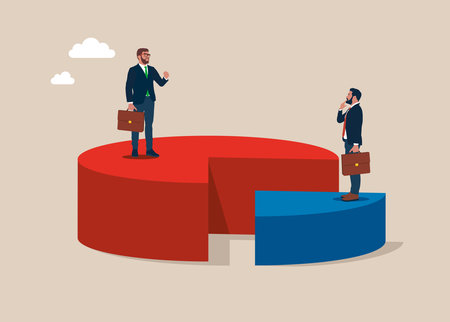Businessman and businesswoman in suits with briefcase standing on pie chart. economic financial share profit. market share business. Competing. Vector illustration flat design.のイラスト素材