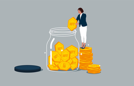 Businesswoman Ñollect NFT token into Huge Glass Jar. Woman make Savings. Online earnings in phone. Innovative technologies and development concept.のイラスト素材