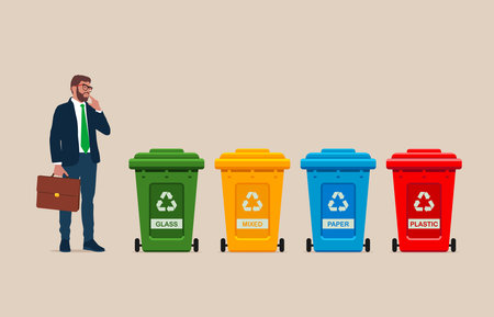 Containers or recycle bins for paper, plastic, glass and mixed trash.Dumpsters of different colors isolated. Separate garbage set.Vector illustration.のイラスト素材