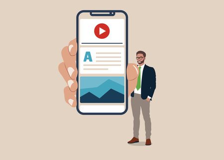 businessman showing smart phone. Vector illustration technology business concept. holding mobile device.のイラスト素材
