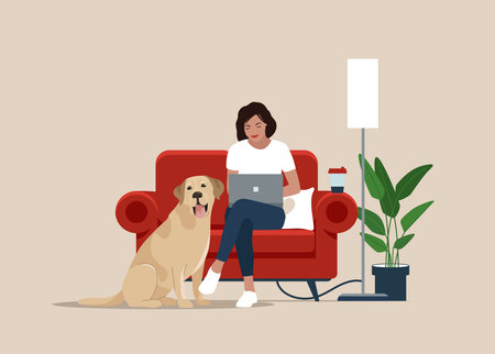 Freelancer with dog Labrador sitting on sofa. Workplace at home or modern coworking interior. Video conference, teamwork.のイラスト素材