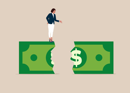 Young woman in heavy at financial chasm. Concept business vector illustration.のイラスト素材