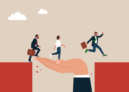 Giant hand help business people cross the problem gap. Support of help to solve problem, manager mentorship to help team success, leadership and achieve goal.のイラスト素材