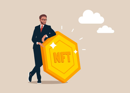 Businessman behind the big NFT token, Vector render character illustration.のイラスト素材