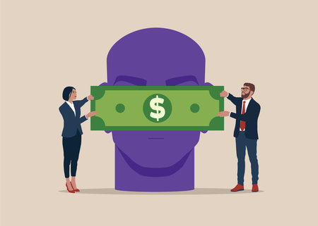 Businesswoman and businessman with cash money dollar banknote covering the eyes of a businessman. Bribery concept.のイラスト素材