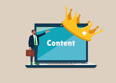 Businessman standing with computer with the word content wearing crown. Content strategy for advertising and marketing, customer engagement. brand communication social media.のイラスト素材