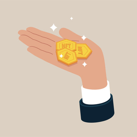 Gold NFT token coin in hand businessman. Concept of charity, donate. stack of coins.のイラスト素材