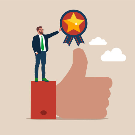 Success businessman celebrating employee award on big thumb up symbol.のイラスト素材