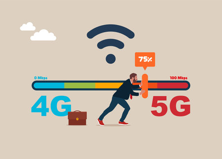 Businessman speeds up wireless internet. Switching from 4g to fast 5g technology. Wi fi signal quality improvements, optimization. Tariff plan with fast internet.のイラスト素材