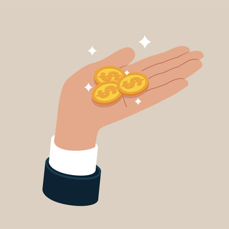gold coin in hand businessman. Concept of charity, donate. stack of coins.のイラスト素材