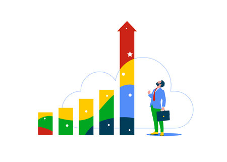 Businessman looking at high rising up graph arrow. Grow business increase sales and profit, growth or progress to achieve goal and targetのイラスト素材