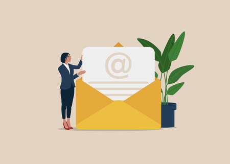 Beautiful girl opening advertising mail or promotional offer with sales and discounts. Email marketing, communication and promotion.のイラスト素材