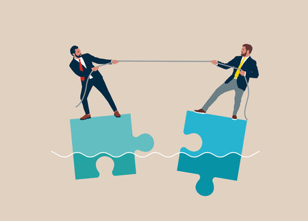 Businessman and entrepreneur balancing and match building business idea for success and cooperation strategy for success and inspiration.のイラスト素材