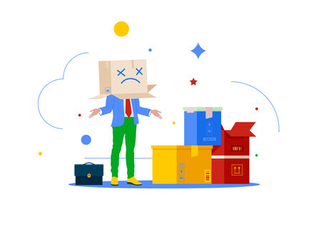 Frustrated businessman covered with cardboard box with unhappy sad face. Business failure, anxiety or stressed from work.のイラスト素材