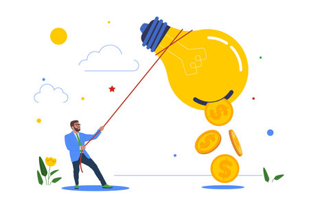 Dollar money coins falling from businessman hand shaking the lamp or lightbulb idea Idea to make money, profit from creativity.のイラスト素材
