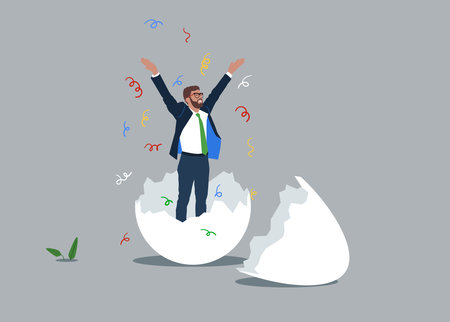 Ambitious businessman worker just hatched from cracked egg. Newbie or beginner just start new business, entrepreneur or start up, begin new job position in of comfort or safe zone.のイラスト素材