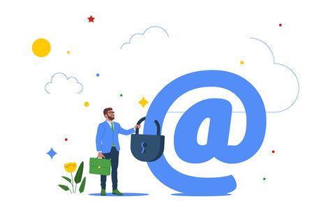 Businessman standing with strong padlock security on email symbol. Email security protection, safety system to defend cyber attack, spam or data leak, data encryption technology.のイラスト素材