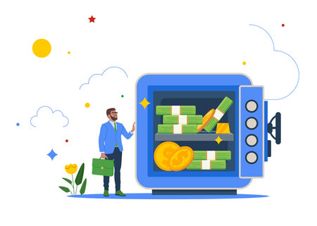 Businessman investor standing with security safe with full of cash, gold inside. Alternative financial assets, cryptocurrency bitcoin, cash and gold for investment retirement plan.のイラスト素材
