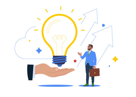 Innovation and Positive energy of Creative thinking, Big hand gives idea light bulb to businessman.のイラスト素材
