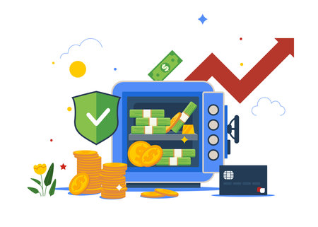 Opened safe box with stack of coins, money, shield. Bank vault security, deposit storage, cash safety safe box. Saving protection. vector illustration.のイラスト素材
