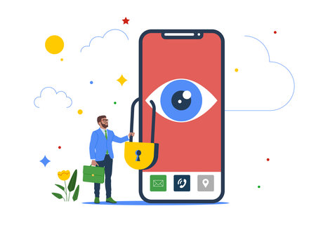 Businessman holding key after lock the spy eye on smartphone to stop watching private information. Data privacy for internet user, protect application to track.のイラスト素材