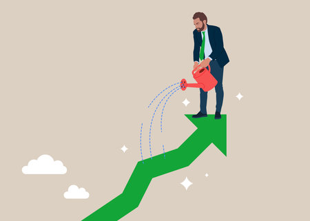 Businessman pouring water to grow company growth arrow. Grow business increase profit, growth investment or prosperity, wealth growing, asset price rising up.のイラスト素材