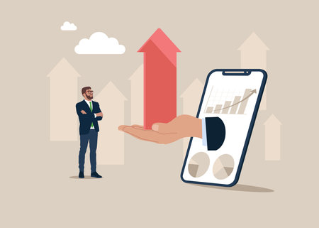 Businessman Posing with arm folded near Business Graph, Hand holding Arrow, Finance and Investment Strategy. vector illustration.のイラスト素材