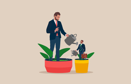 Managers use watering cans to help employees grow. Support from a manager or colleague. cooperation of people in the organization. Growth in career advancement.のイラスト素材
