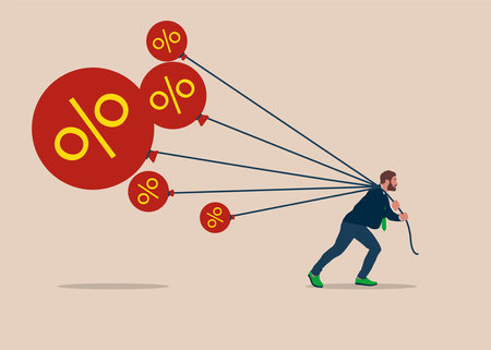 Businessman tries to pull down many inflation balloons. Reserve try to tame inflation down by interest rate hike. Stop inflation, inflation bubble.のイラスト素材
