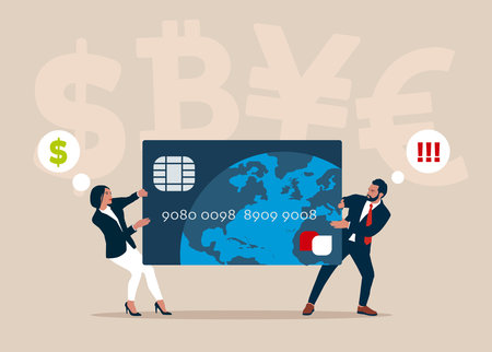 Husband and wife pull plastic card in different directions. Married couple shares credit card, family budget. Ð¡onflict over financial spending.のイラスト素材