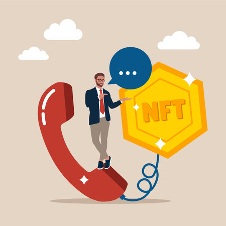 Confidence salesman standing with telephone connected to money NFT token. Telemarketing or telesales, phone call for selling product or business deal via telephone callのイラスト素材