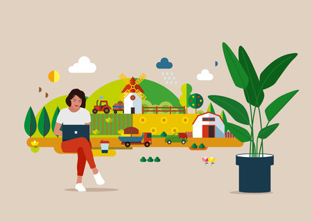 Girl programmer with laptop sitting outside with beautiful landscape in background. Freedom, working late and workaholic concept. vector illustration.のイラスト素材