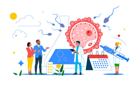 Happy couple consulting fertility doctor taking medical treatment. Fertilization in clinic. Pregnancy, infertility concept. vector illustrationのイラスト素材