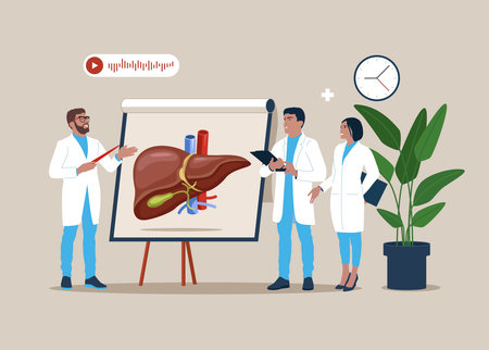 Doctors doing medical research, examination, check health. Hepatitis World Day. Concept of liver disease, cirrhosis, cancer awareness, medical treatment.のイラスト素材