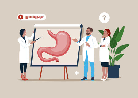 Doctor pointing on demonstration board with human Stomach explaining its opportunities. medical conference. Design element for gastroenterology, medicine, biology.のイラスト素材