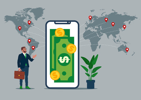 businessman showing smart phone. Mobile Payments Around The World Infographic. Vector Illustration, Flat Design.のイラスト素材