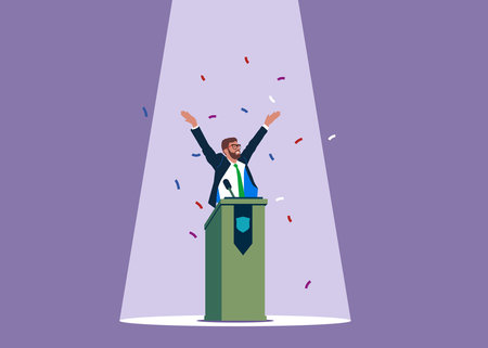 Businessman speaking in public on stage with podium, microphones, spotlight on. Confident, charisma and expression to win the audience. vector illustration.のイラスト素材