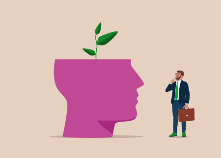 Top of head cut off and green sprout growing from it. growing trees. Green Space expansion. Young man in suit, looking up and thinking with hand. Eco-friendly businesses.のイラスト素材