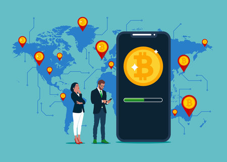 Businessman buying or selling bitcoins on smartphone online money transfer internet payment cryptocurrency blockchain. Crypto Currency Concept. vector illustration. EPS 10.のイラスト素材