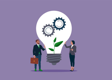 Business people touch light bulb with seedling green plant and governance gear. ESG, company responsibility to care world environment and people.のイラスト素材