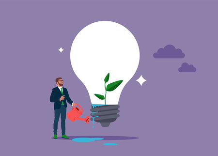 Businessman watering seedling sprout growing inside green lightbulb idea. Ecology and sustainable business, protection against world climate change, environmental care.のイラスト素材