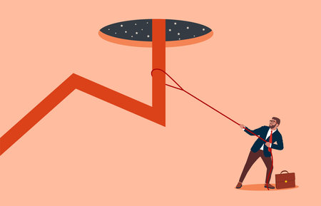 Businessman resistance a chart with an arrow cruising into a black hole when the stock market soared up. The stock market skyrocketed during the crisis. investment risk or economicのイラスト素材