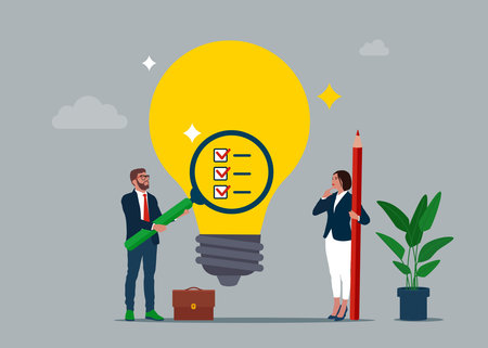 Businessman with magnifier analyze lightbulb idea. Evaluate profitable business ideas. vector illustration.のイラスト素材