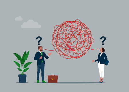 Businessman and woman have troubles with understanding each other. Problems in communication. Misunderstanding create confusion in work, miscommunicate unclear informationのイラスト素材