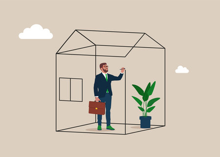 Businessman drawing house around himself creating limits and borders. Set privacy zone, personal barrier to focus or work boundary, space to be with yourself.のイラスト素材