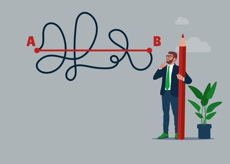 Businessman holding red pencil in hand leads a drawing line from point A to point B, Shortest distance to goal, easy or shortcut way to win business success.のイラスト素材