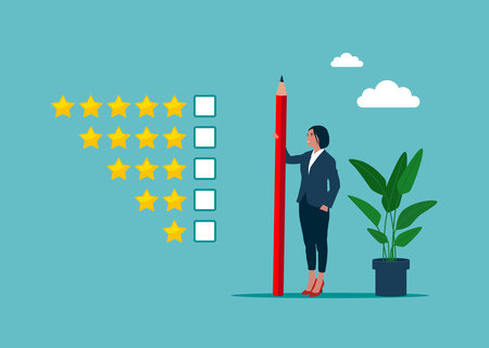 Smiling and positive businesswoman holding pencil to evaluate star feedback. Rate the service, performance rating or customer review. Evaluation or satisfaction feedback.のイラスト素材