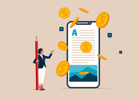 Success blogger or writer catching money banknotes fall from the sky. Make money from online, monetization content, get income or earning from affiliate links.のイラスト素材