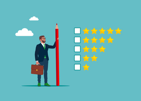Thoughtful businessman holding pencil to evaluate star feedback. Rate the service, performance rating or customer review. Evaluation or satisfaction feedback.のイラスト素材
