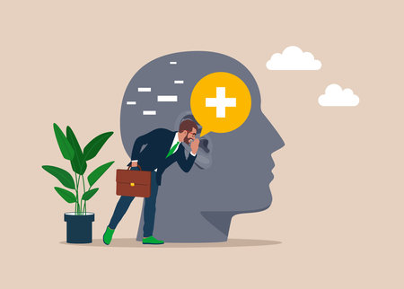 Businessman sharing positive thinking symbol to depressed employee. positive thinking business. vector illustration.のイラスト素材